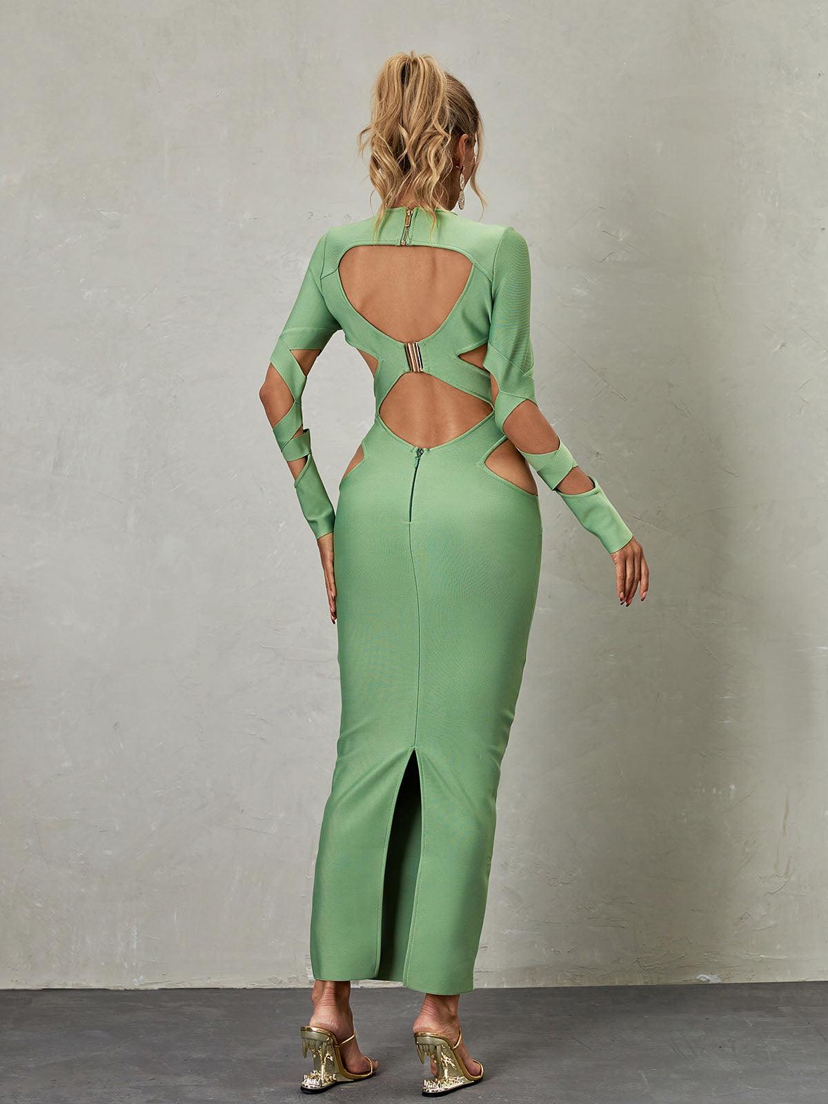 Brinly Long Sleeve Cutout Bandage Dress in vibrant green showcasing a stylish cutout design.