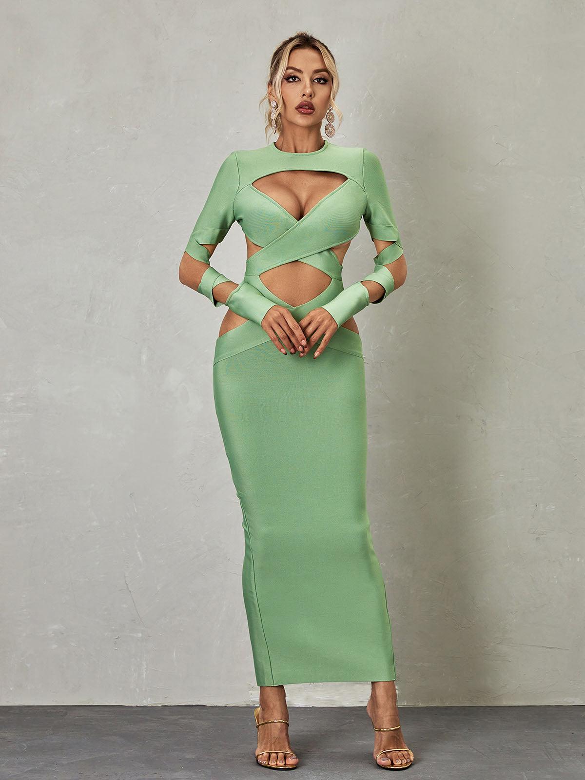 Brinly Long Sleeve Cutout Bandage Dress in vibrant green showcasing a stylish cutout design.
