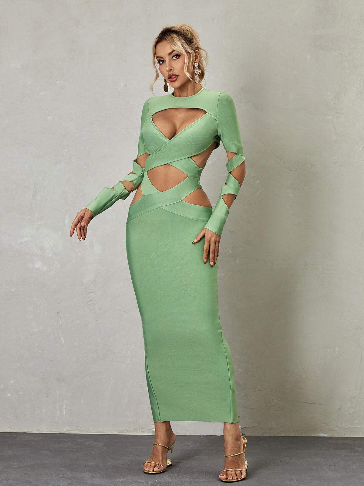 Brinly Long Sleeve Cutout Bandage Dress in vibrant green showcasing a stylish cutout design.