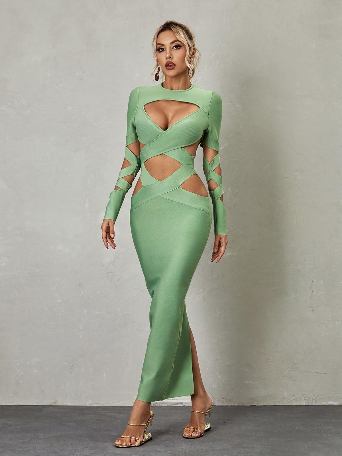Brinly Long Sleeve Cutout Bandage Dress in vibrant green showcasing a stylish cutout design.