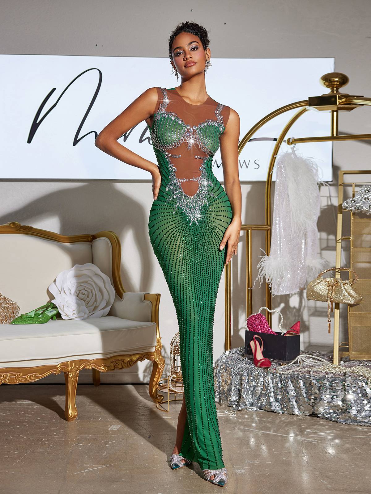Brody Printed Rhinestone Split Maxi Dress in Green with a stylish design, ideal for festivals and special events.