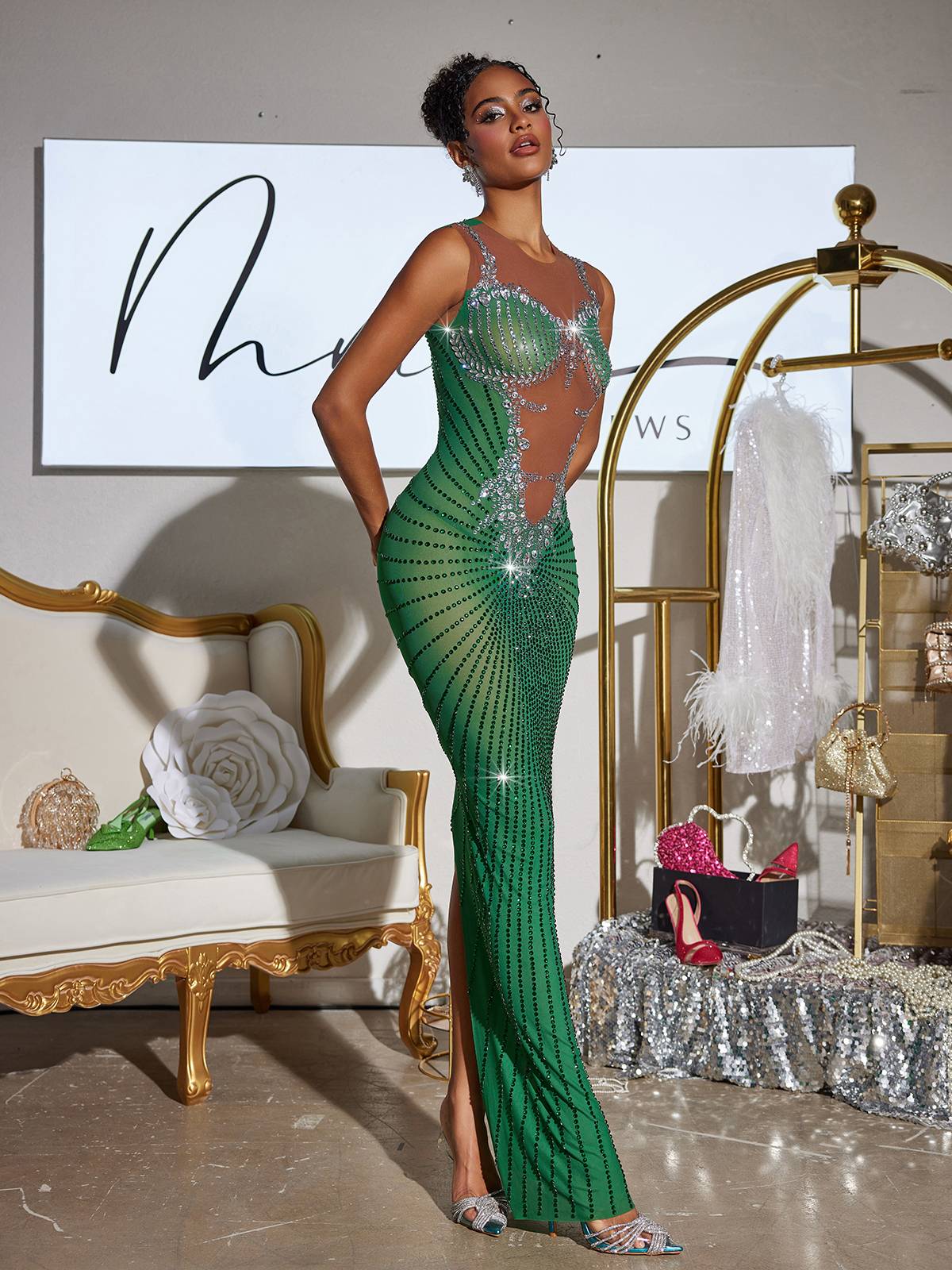 Brody Printed Rhinestone Split Maxi Dress in Green with a stylish design, ideal for festivals and special events.
