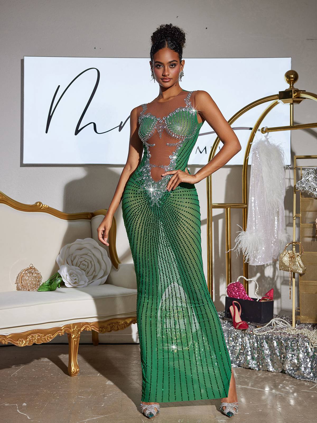 Brody Printed Rhinestone Split Maxi Dress in Green with a stylish design, ideal for festivals and special events.