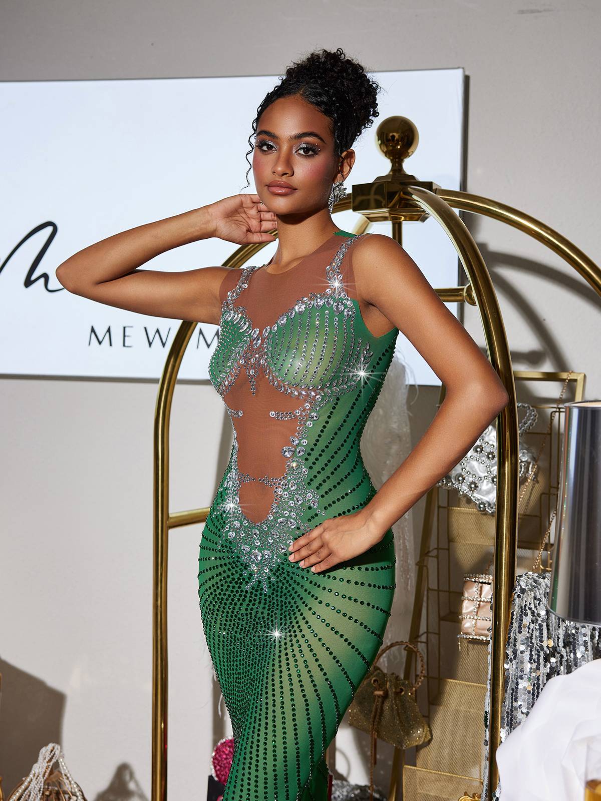 Brody Printed Rhinestone Split Maxi Dress in Green with a stylish design, ideal for festivals and special events.