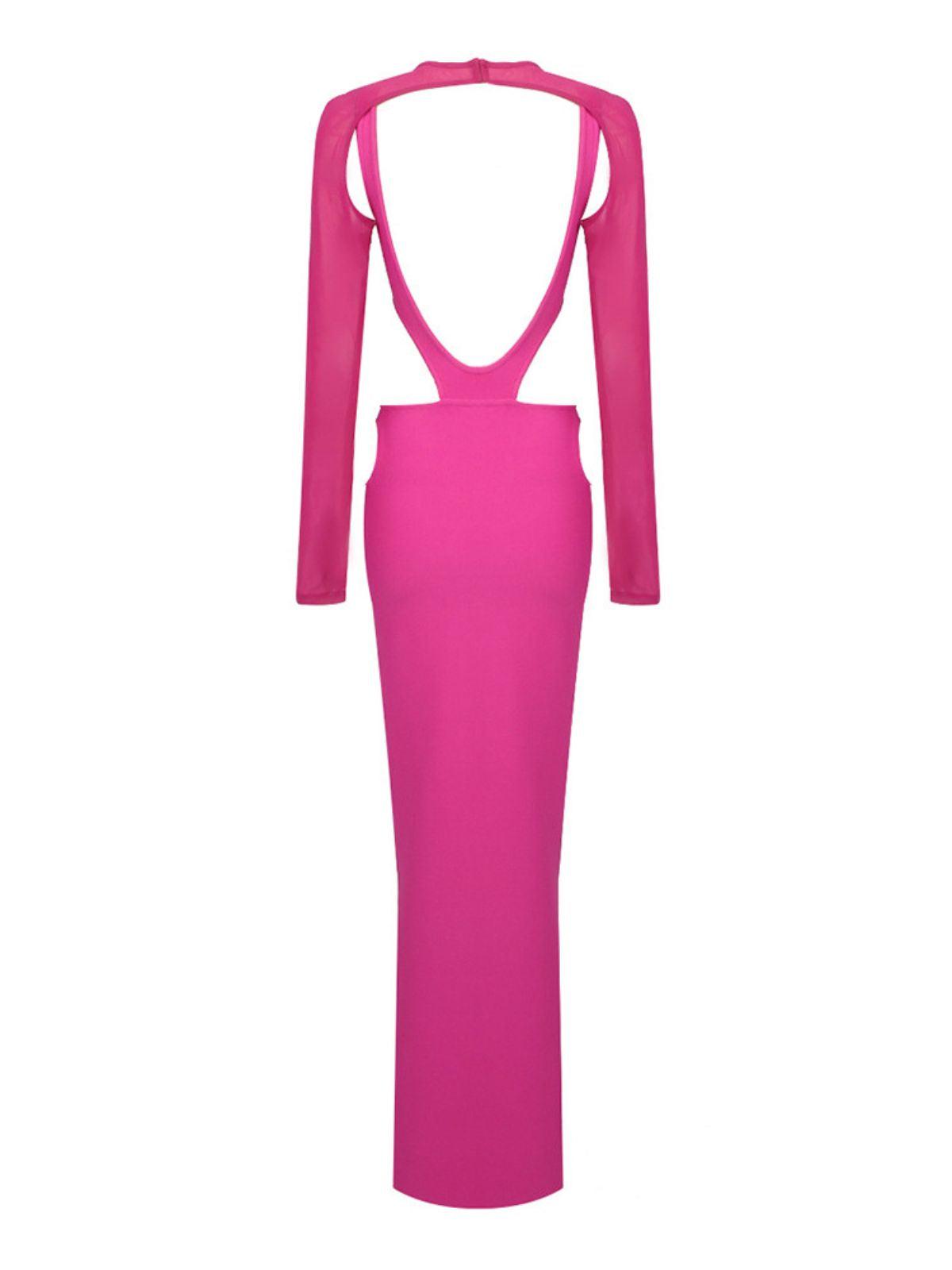 Bronwyn Long Sleeve Cutout Split Maxi Dress in pink with a stylish thigh-high split, perfect for summer and evening events.