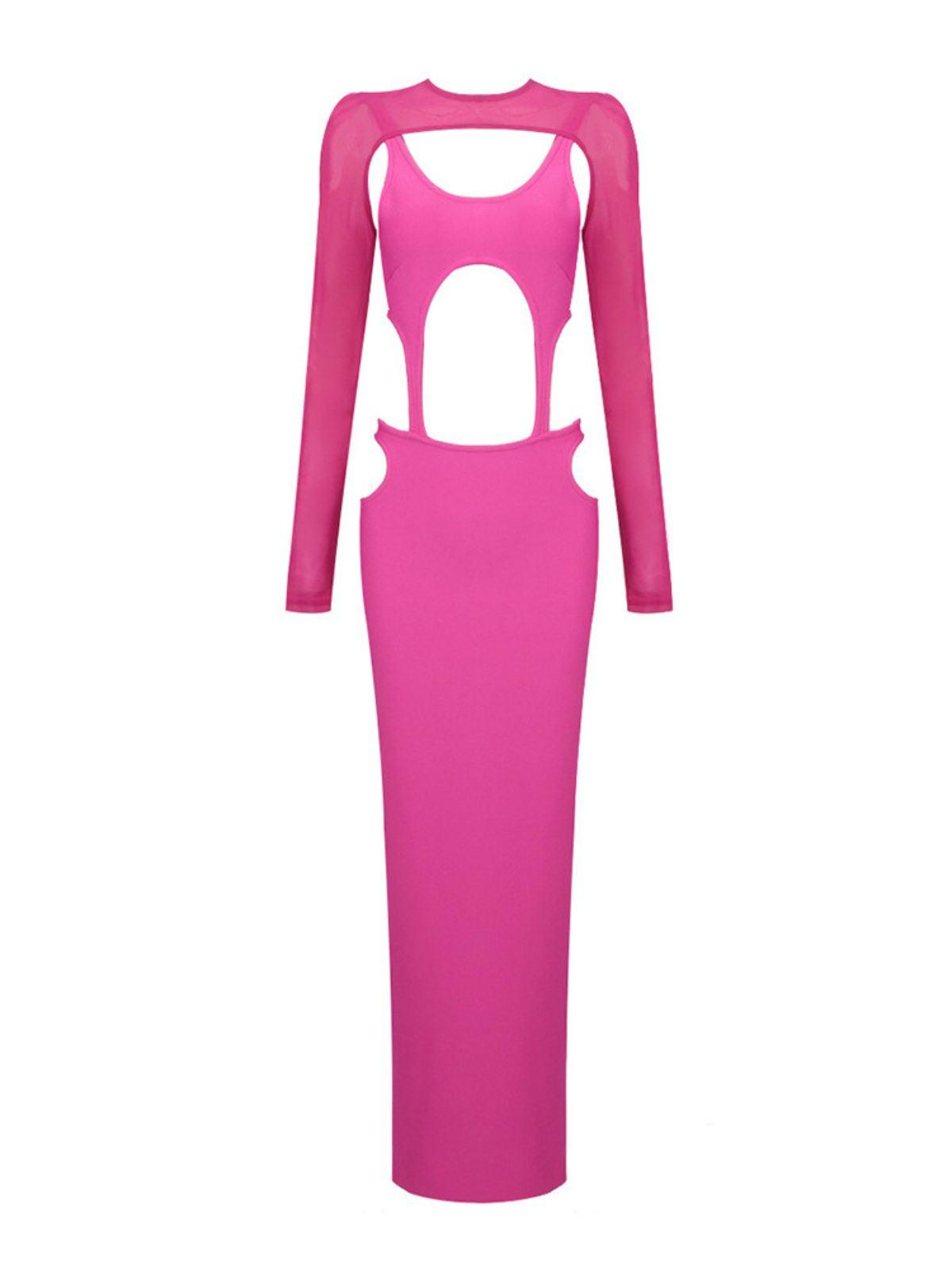 Bronwyn Long Sleeve Cutout Split Maxi Dress in pink with a stylish thigh-high split, perfect for summer and evening events.