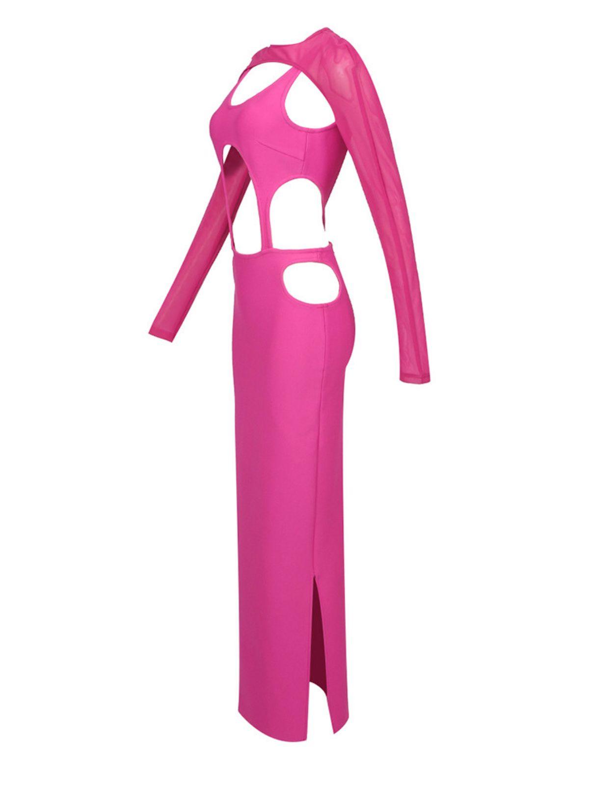 Bronwyn Long Sleeve Cutout Split Maxi Dress in pink with a stylish thigh-high split, perfect for summer and evening events.