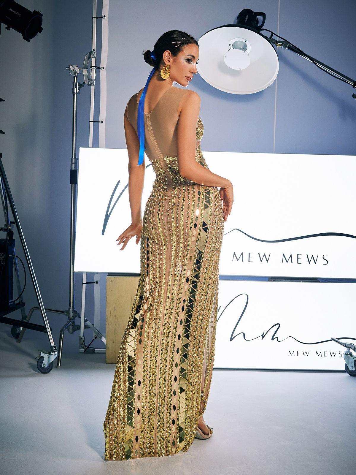 Brycen Scoop Neck Acrylic Split Maxi Dress in gold, showcasing elegance and style for special occasions.