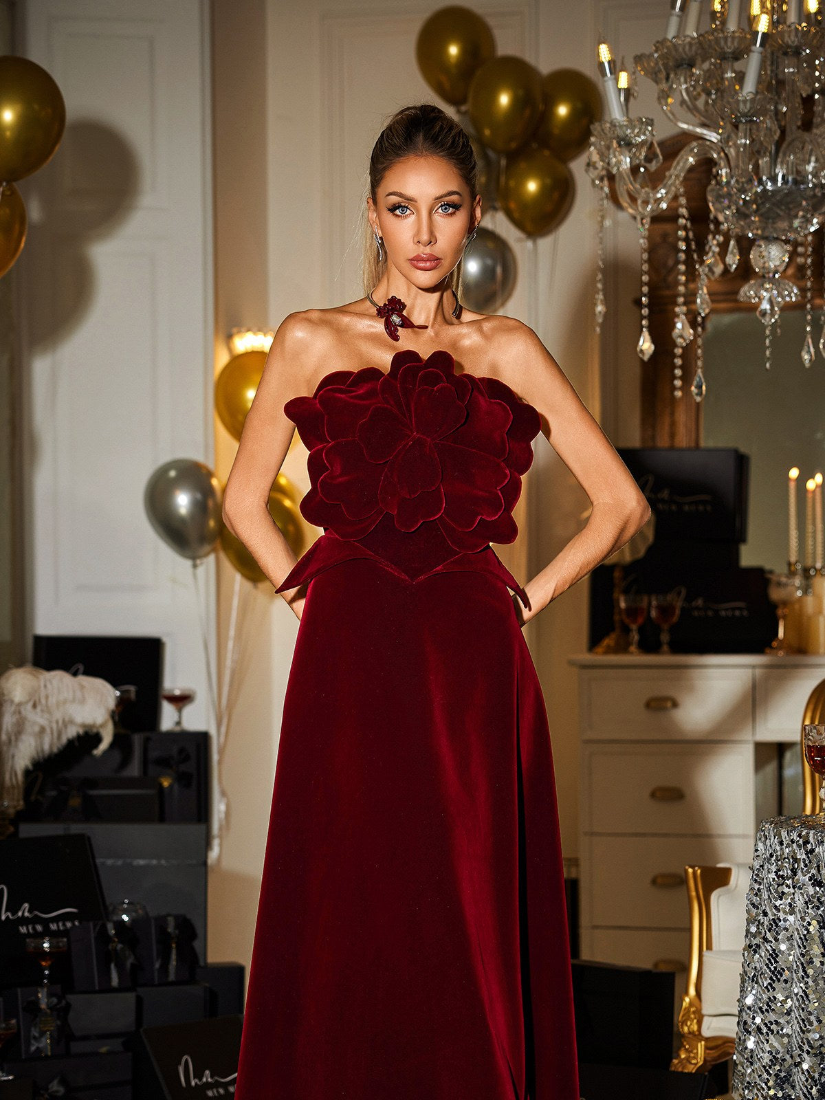 Cairn Strapless Flower Velvet Maxi Dress