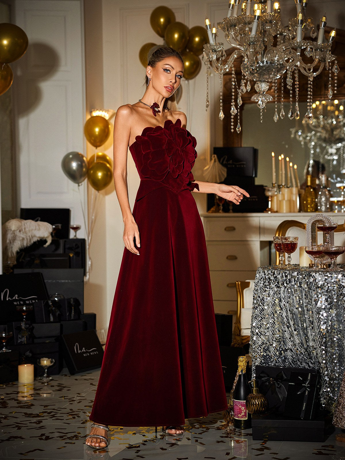 Cairn Strapless Flower Velvet Maxi Dress