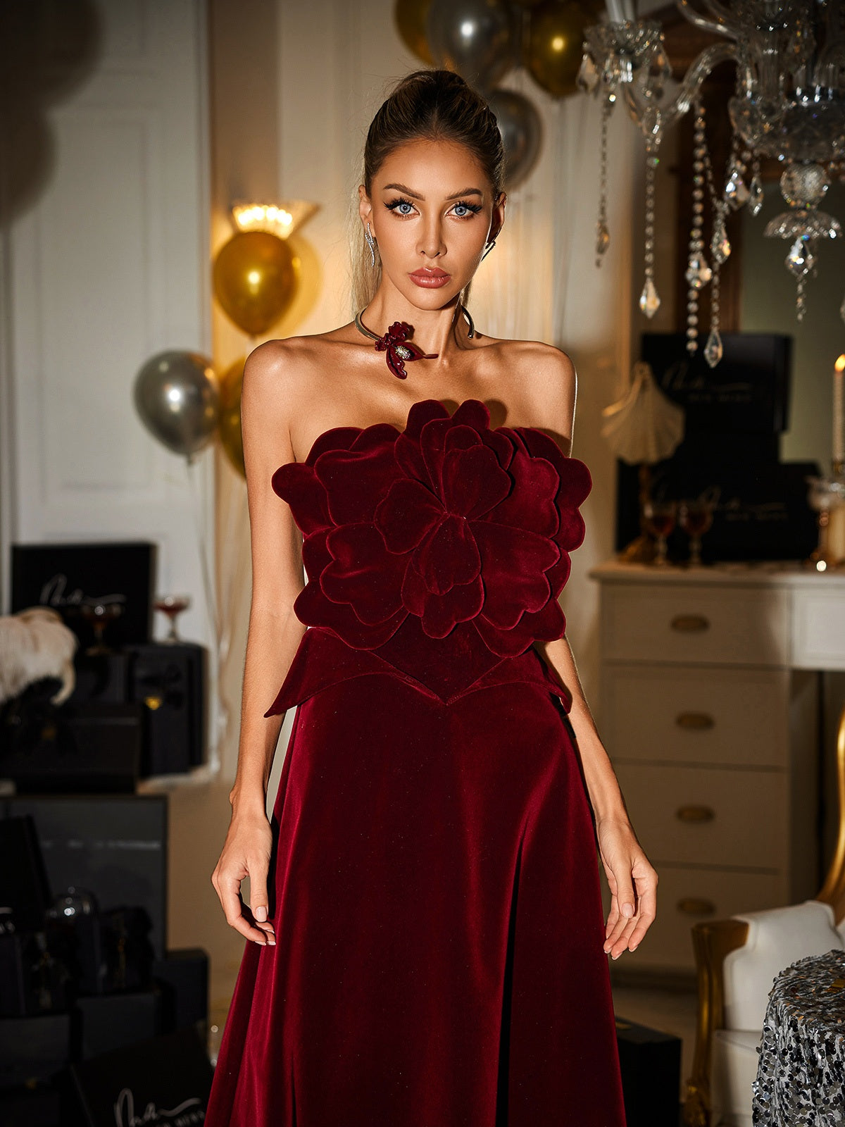 Cairn Strapless Flower Velvet Maxi Dress
