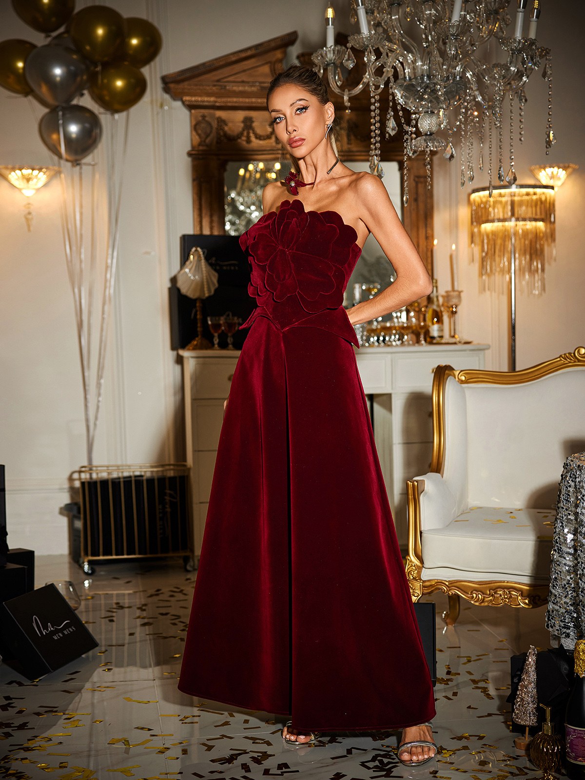 Cairn Strapless Flower Velvet Maxi Dress