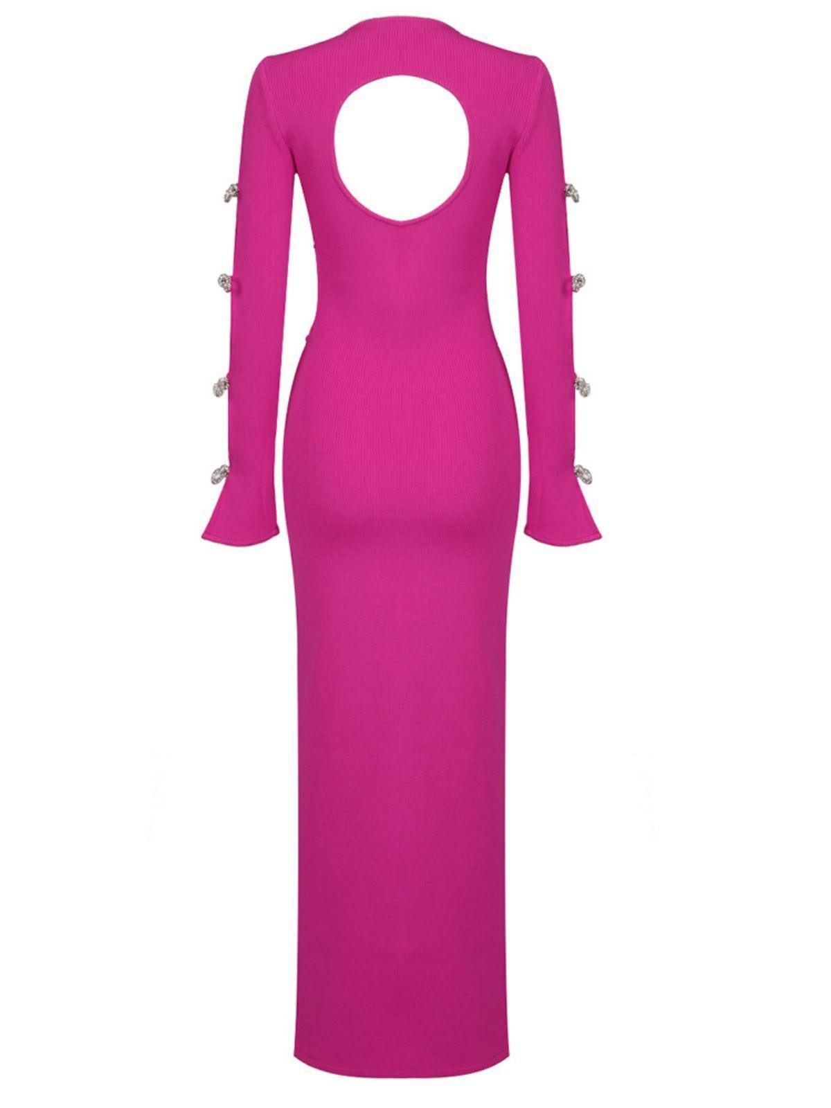 Calantha Crystal Bow Cutout Bandage Dress in pink, featuring elegant long sleeves and a glamorous backless design.