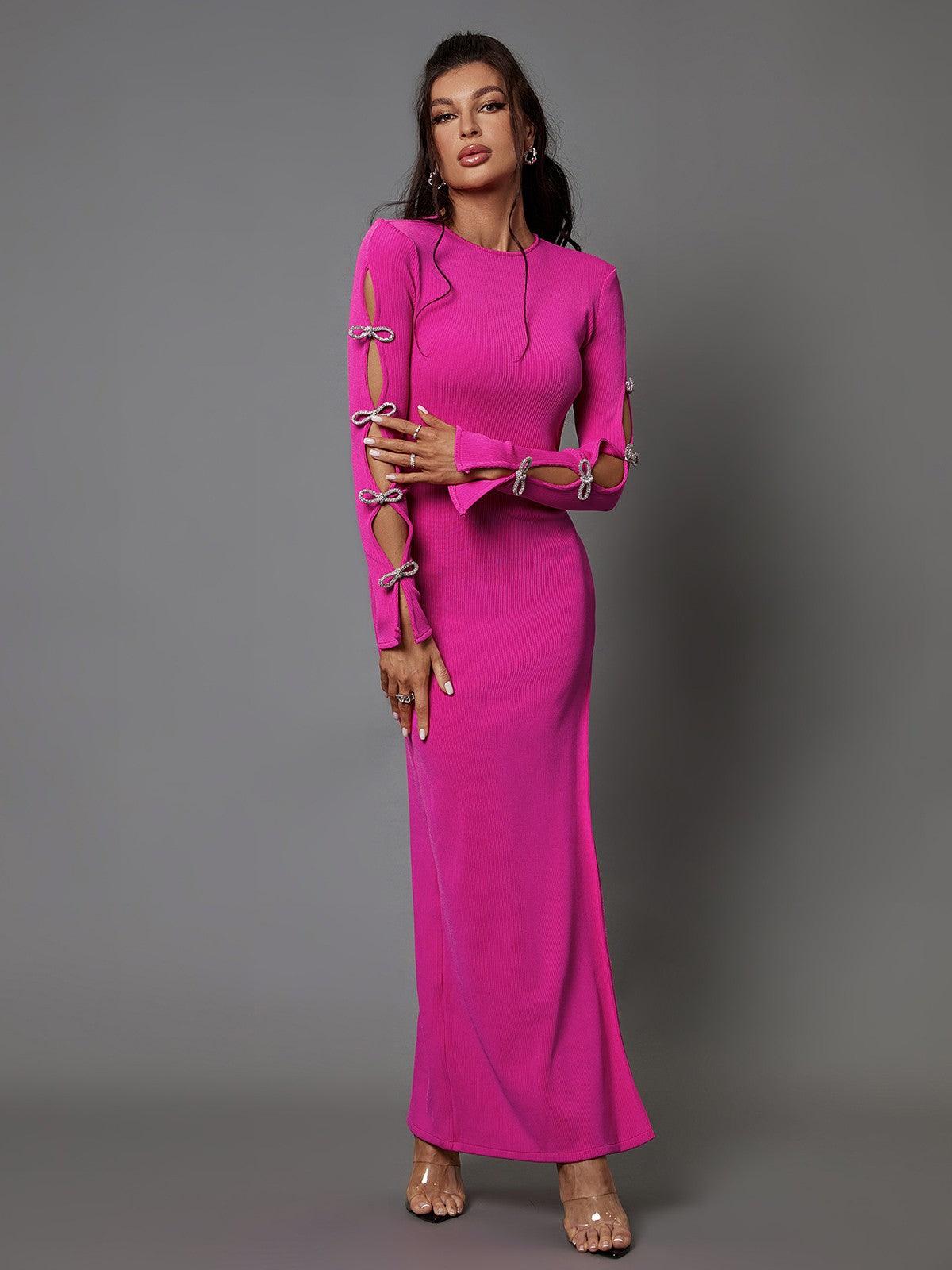 Calantha Crystal Bow Cutout Bandage Dress in pink, featuring elegant long sleeves and a glamorous backless design.