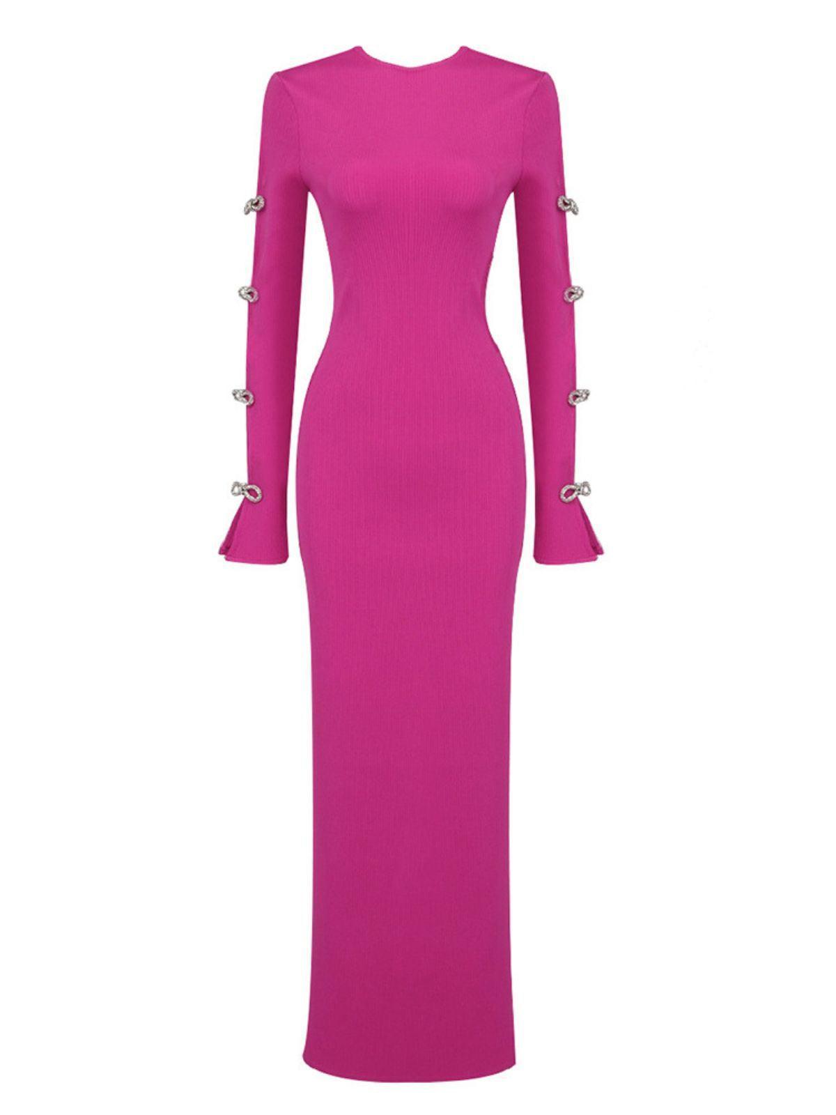 Calantha Crystal Bow Cutout Bandage Dress in pink, featuring elegant long sleeves and a glamorous backless design.