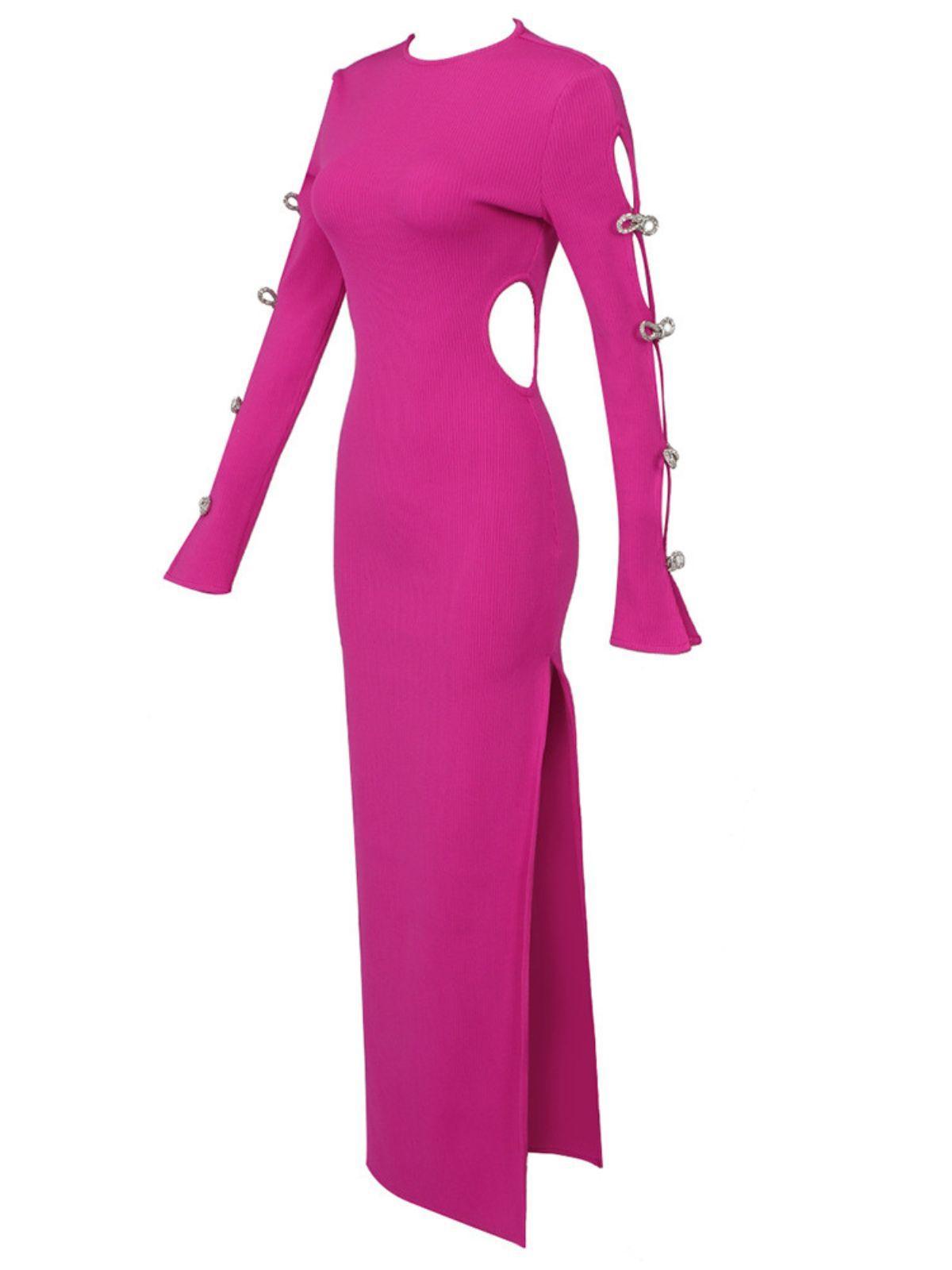 Calantha Crystal Bow Cutout Bandage Dress in pink, featuring elegant long sleeves and a glamorous backless design.