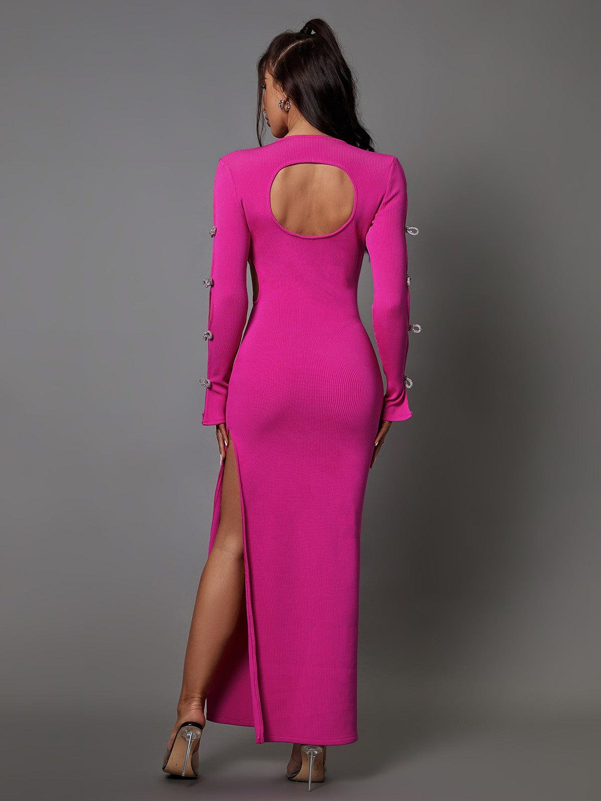 Lifestyle shot of the Calantha Crystal Bow Cutout Bandage Dress worn at an elegant event, showcasing its chic and glamorous appeal.