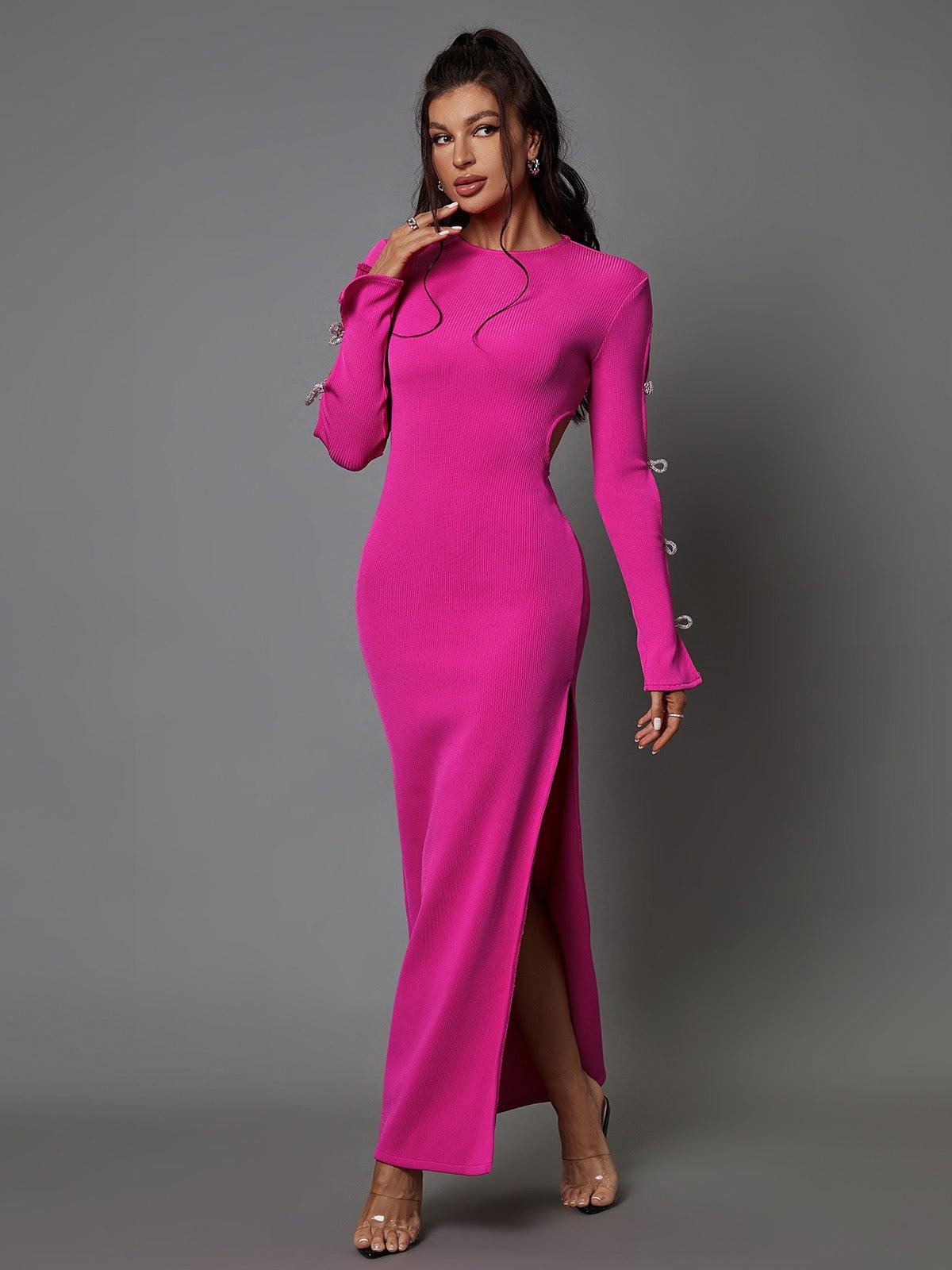Side view of the Calantha Crystal Bandage Dress, emphasizing the high stretch fabric and elegant split for a stunning silhouette.