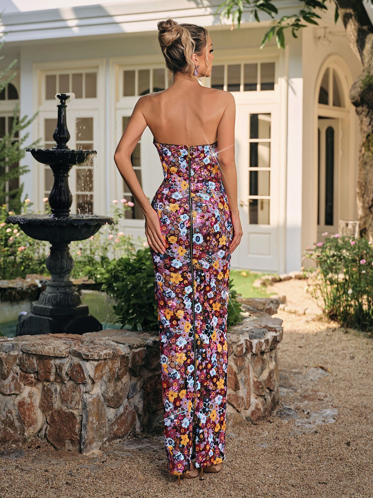 Caldrek Strapless Flower Sequin Maxi Dress