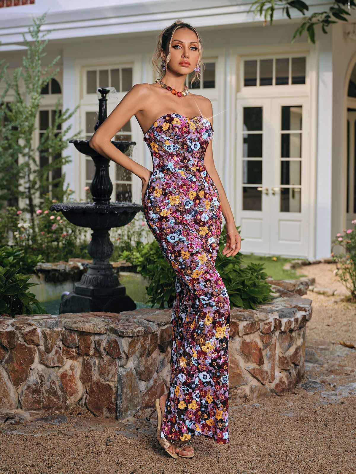 Caldrek Strapless Flower Sequin Maxi Dress