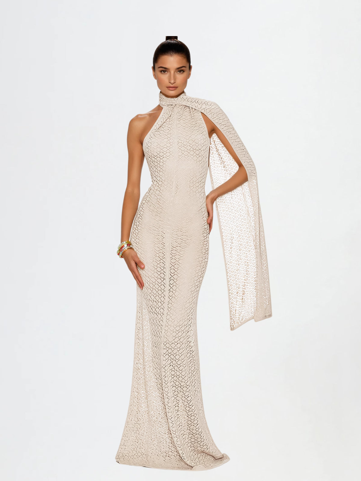 Calore Backless Shawl Cutout Maxi Dress In Apricot