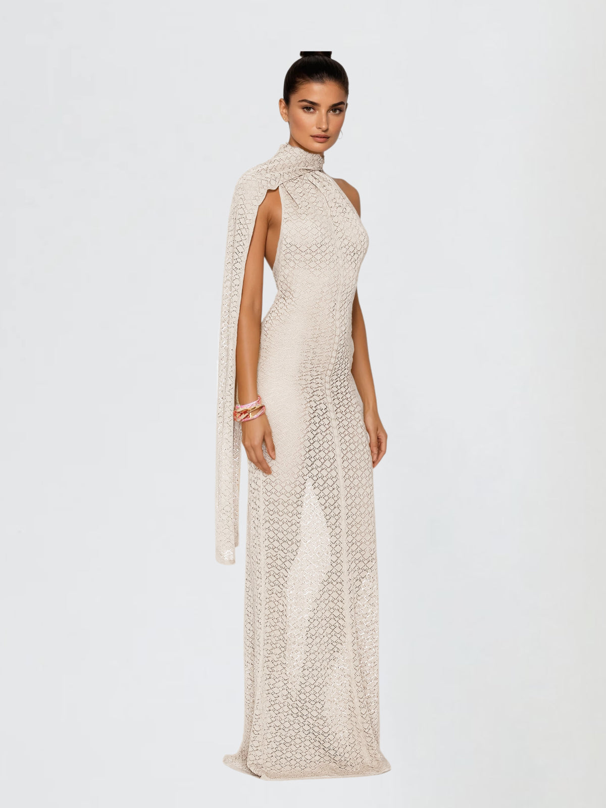 Calore Backless Shawl Cutout Maxi Dress In Apricot