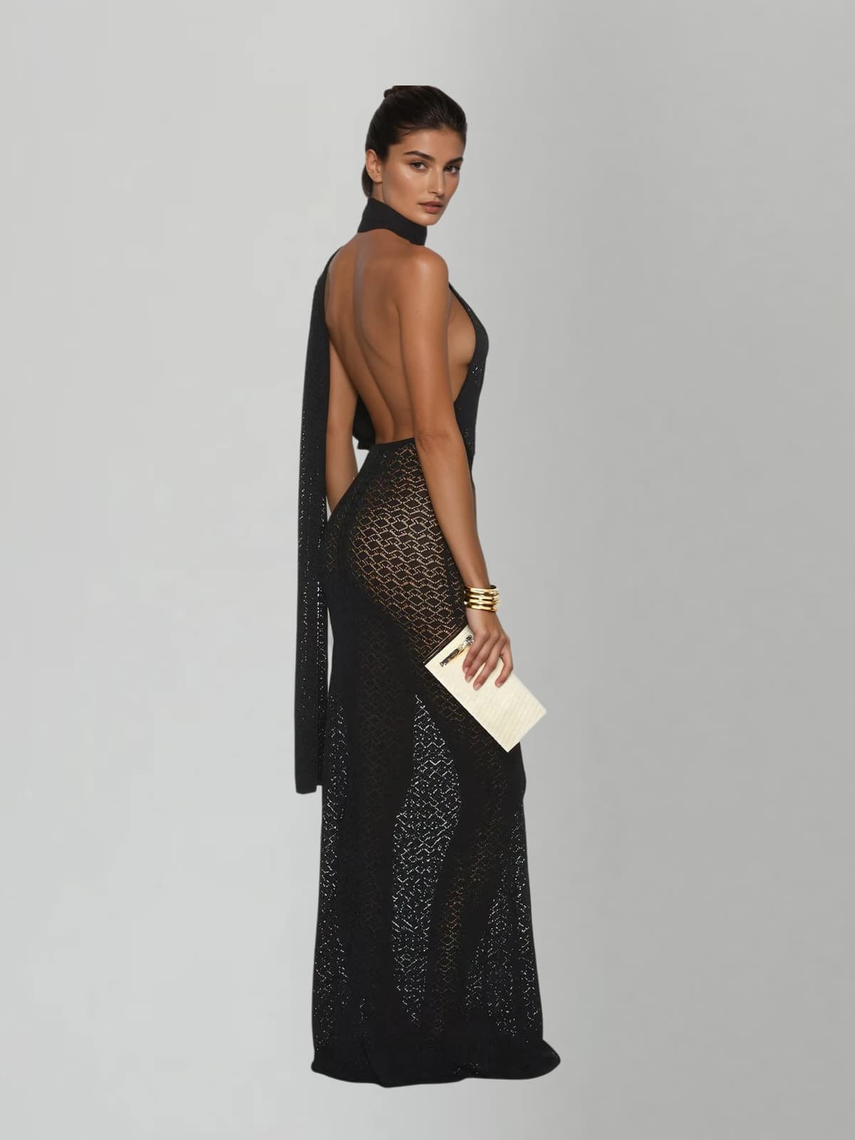 Calore Backless Shawl Cutout Maxi Dress In Black