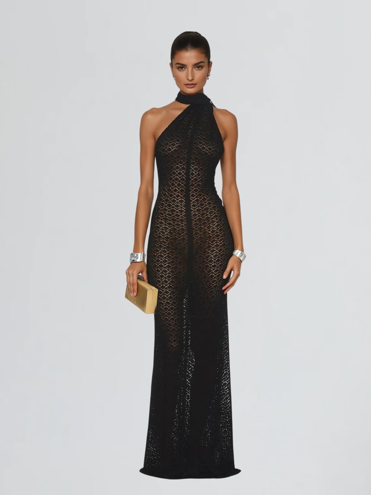 Calore Backless Shawl Cutout Maxi Dress In Black