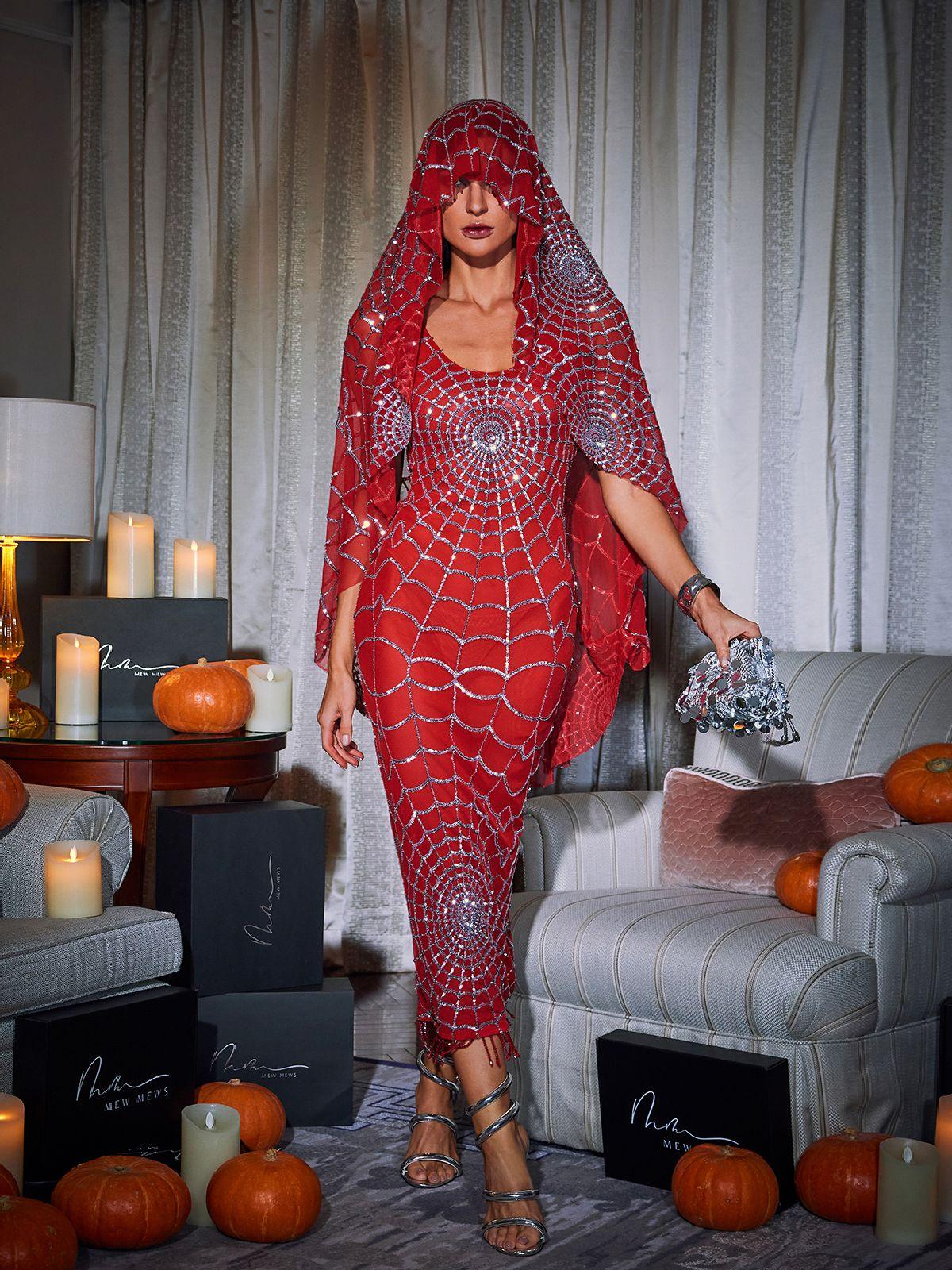 Calyx Scoop Neck Cobweb Sequin Midi Dress in vibrant red, showcasing elegant design and flattering fit.