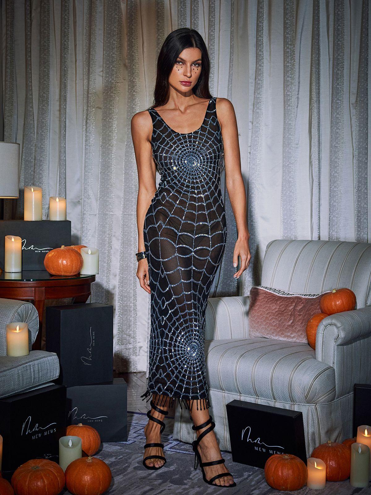 Calyx Scoop Neck Cobweb Sequin Midi Dress in Black, showcasing elegant sequins and a stylish silhouette.