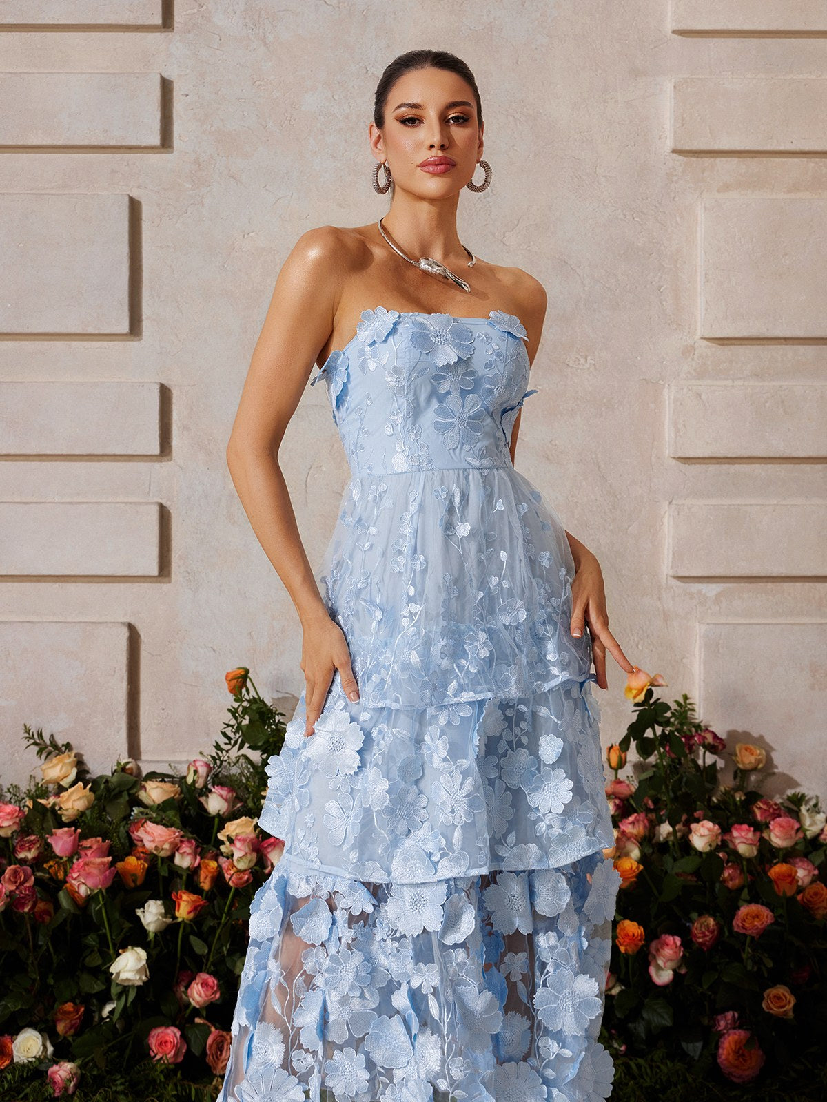 Camo Strapless Flower Embroidered Midi Dress In Blue