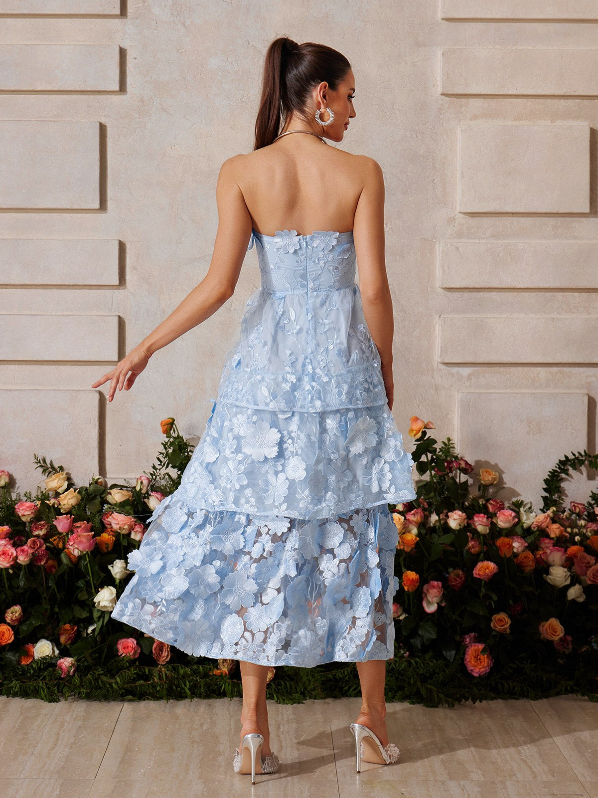 Camo Strapless Flower Embroidered Midi Dress In Blue