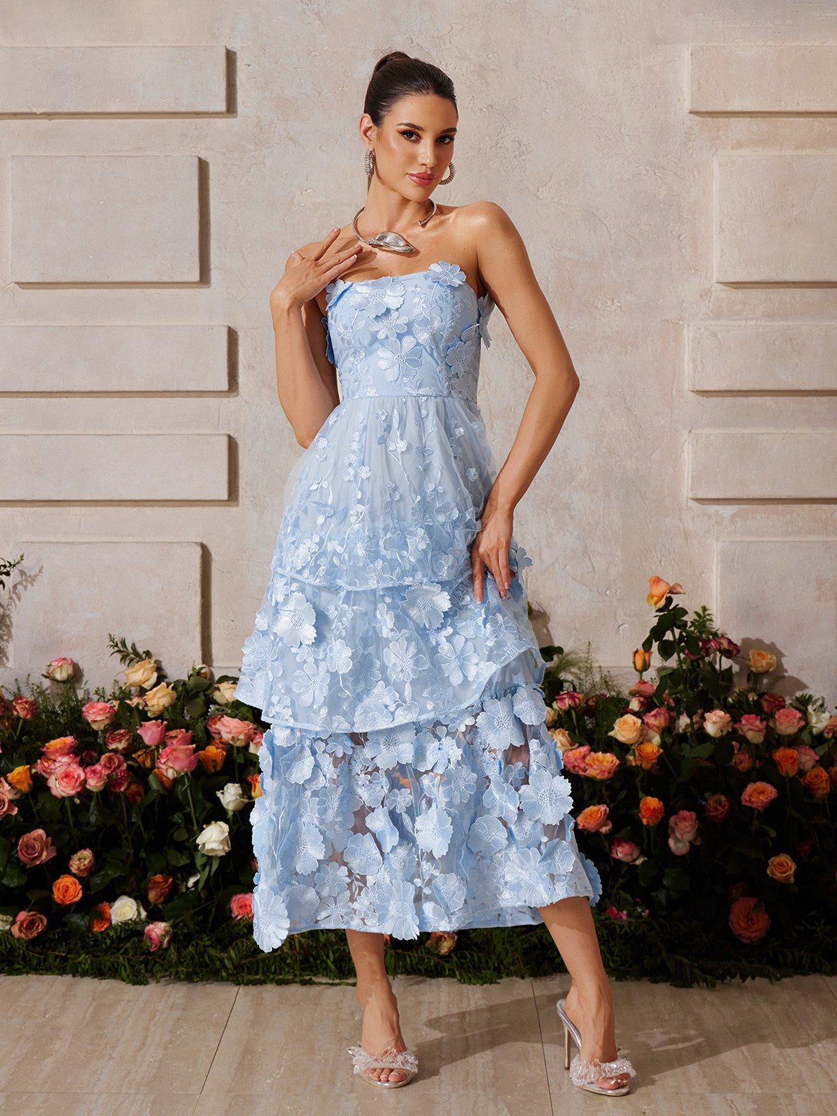 Camo Strapless Flower Embroidered Midi Dress In Blue