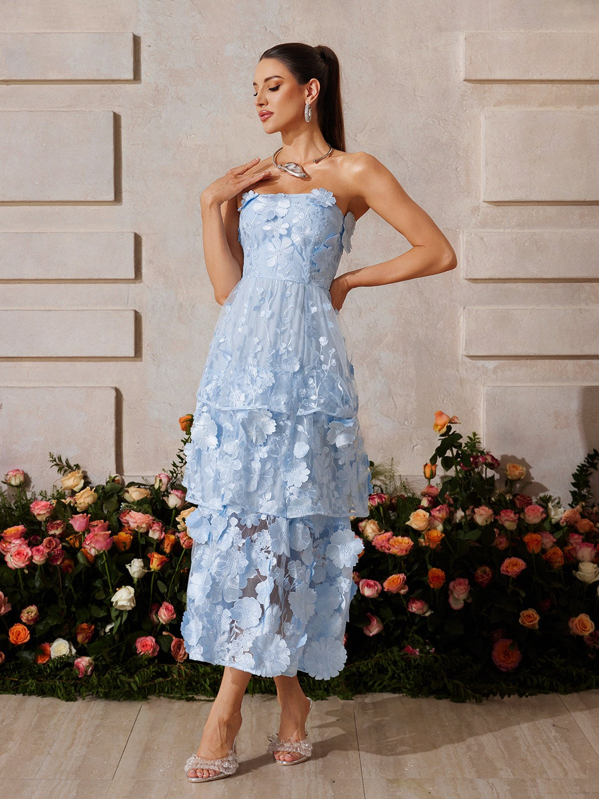 Camo Strapless Flower Embroidered Midi Dress In Blue