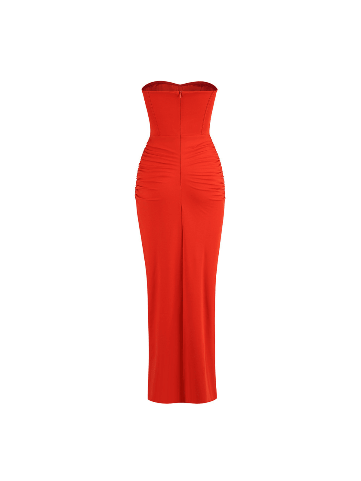 Carew Strapless Ruched Dress in Red showcasing elegant design and ruched details, perfect for evening wear.