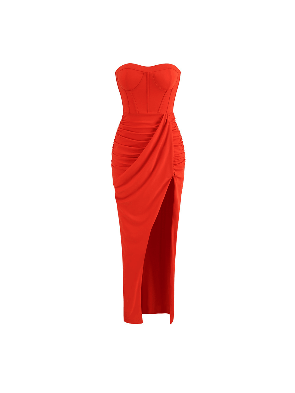 Carew Strapless Ruched Dress in Red showcasing elegant design and ruched details, perfect for evening wear.