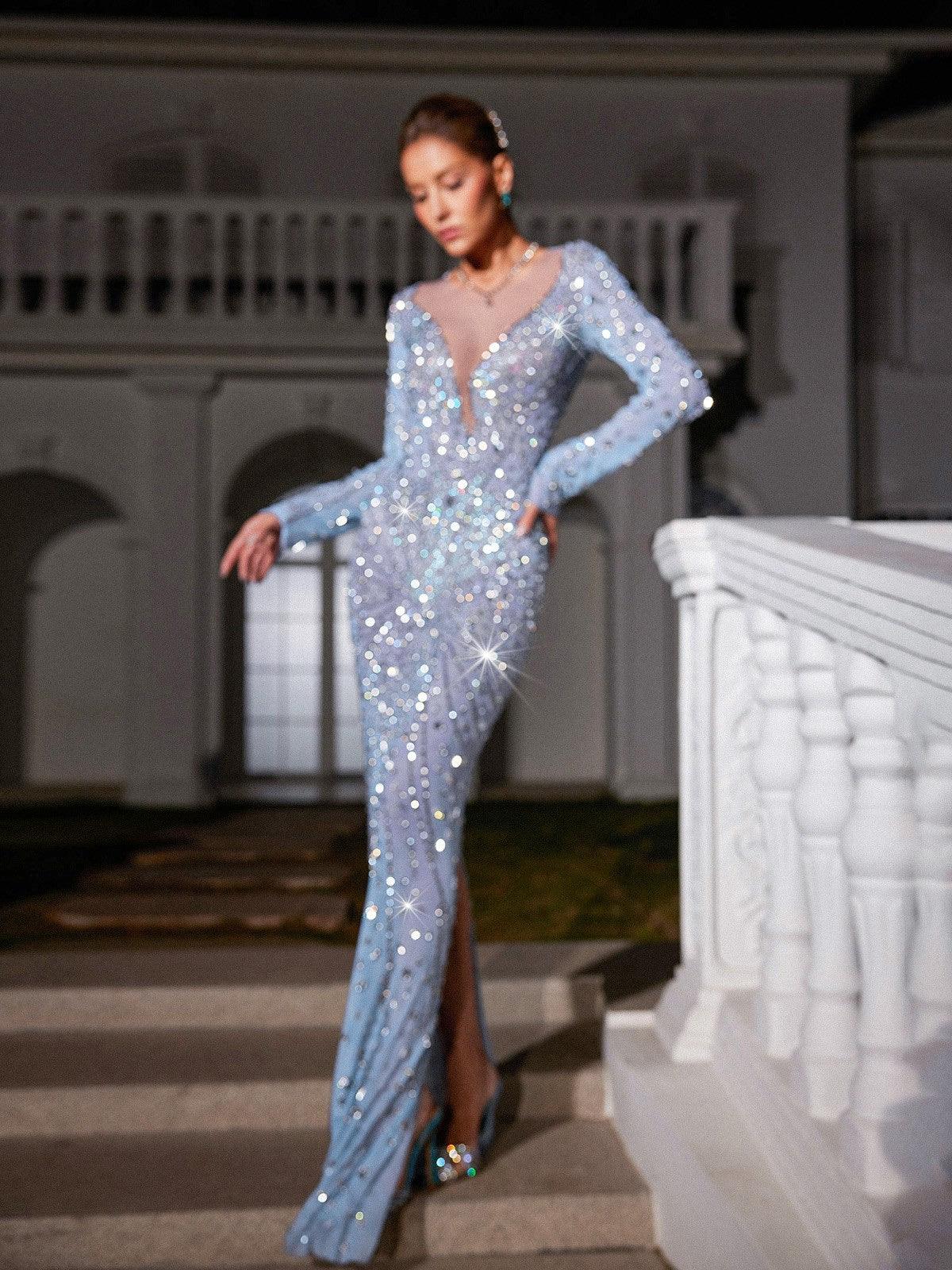 Close-up of rhinestone detailing on the Casey Long Sleeve Mesh Maxi Dress, highlighting its elegant craftsmanship.