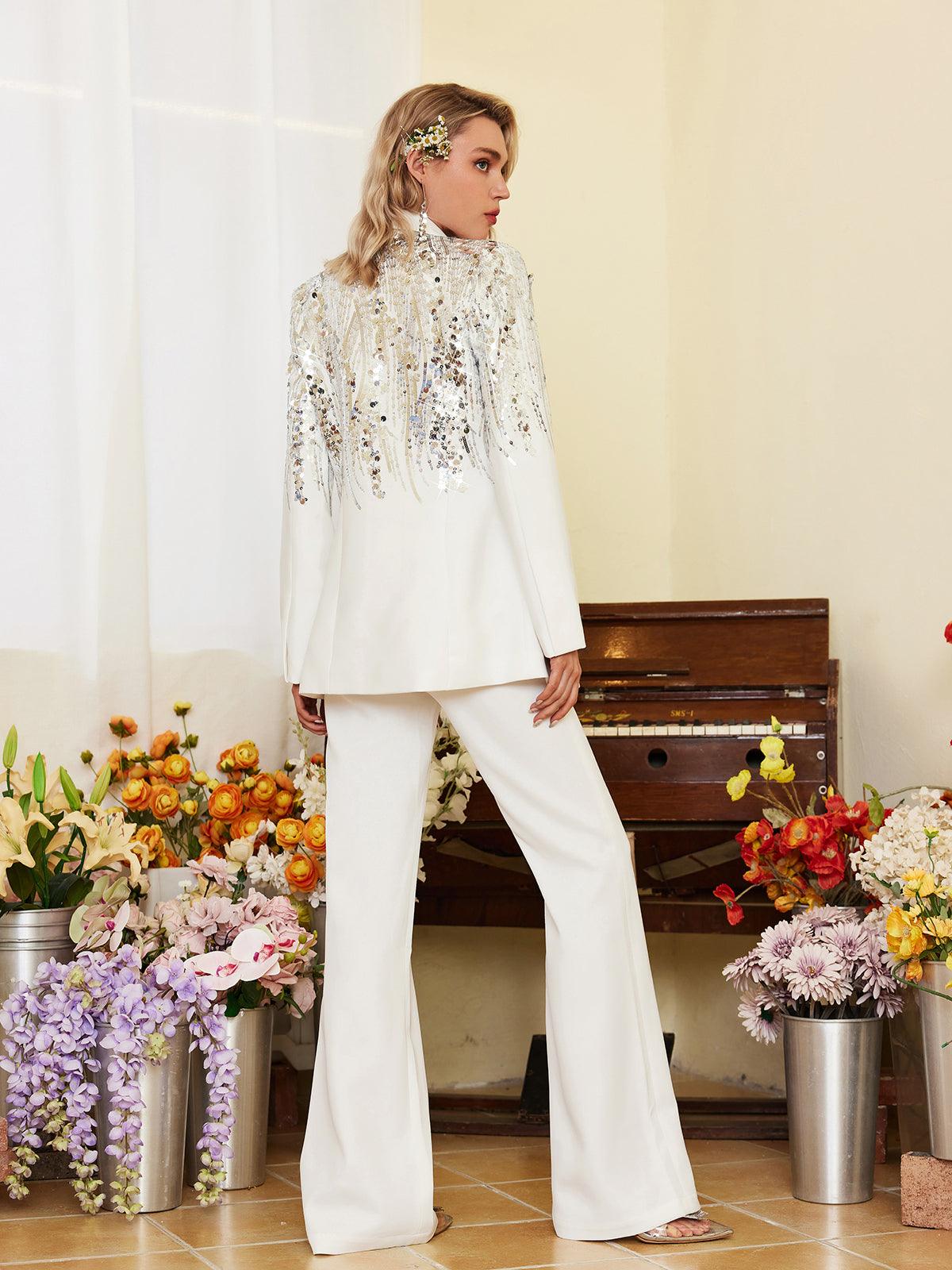 Cato Sequin Embellished Blazer Set in white, featuring dazzling sequins for a stylish look.