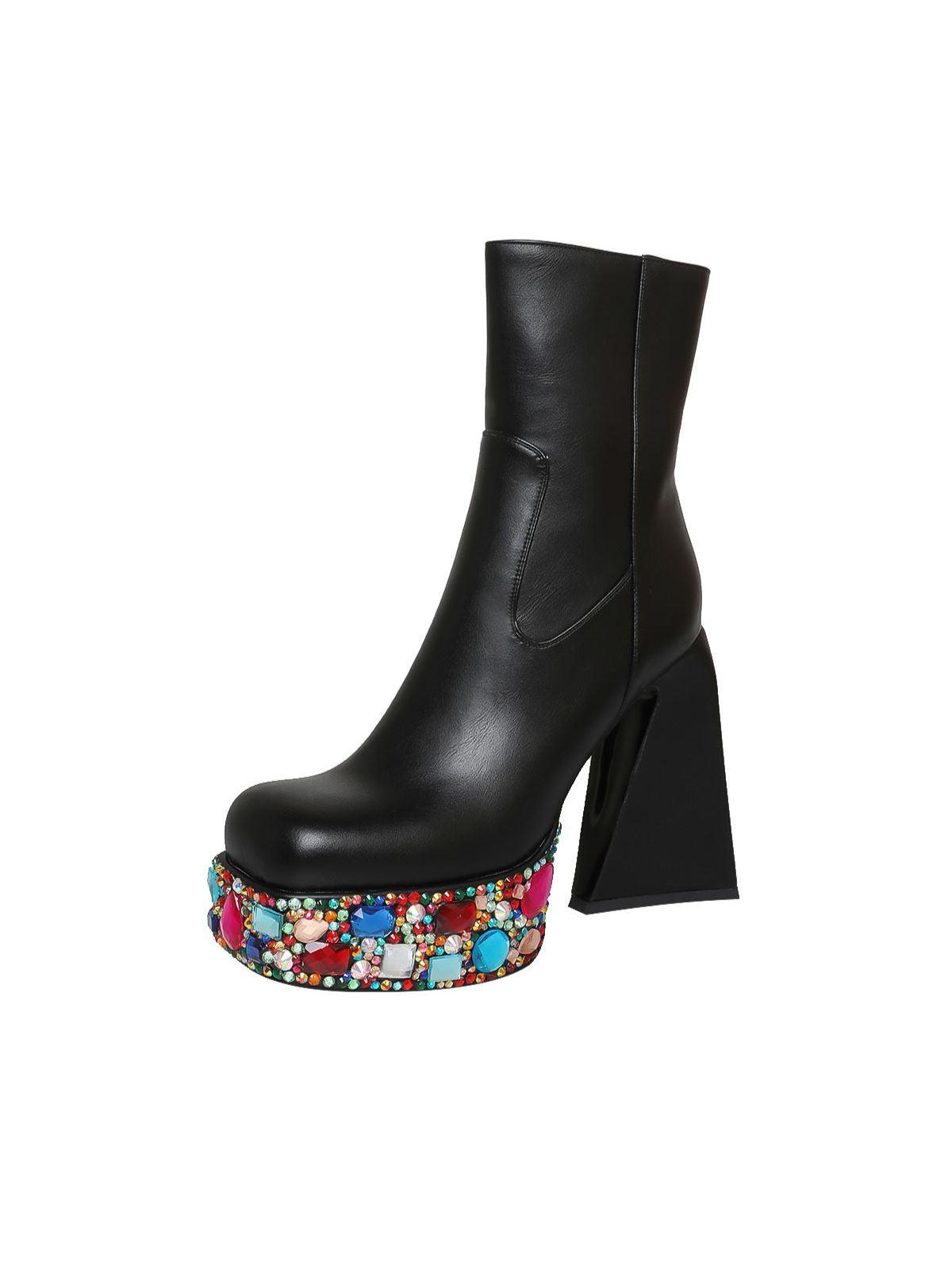 Cecile Multi Rhinestone Boots in Black featuring high block heel and platform style, perfect for glamorous occasions.