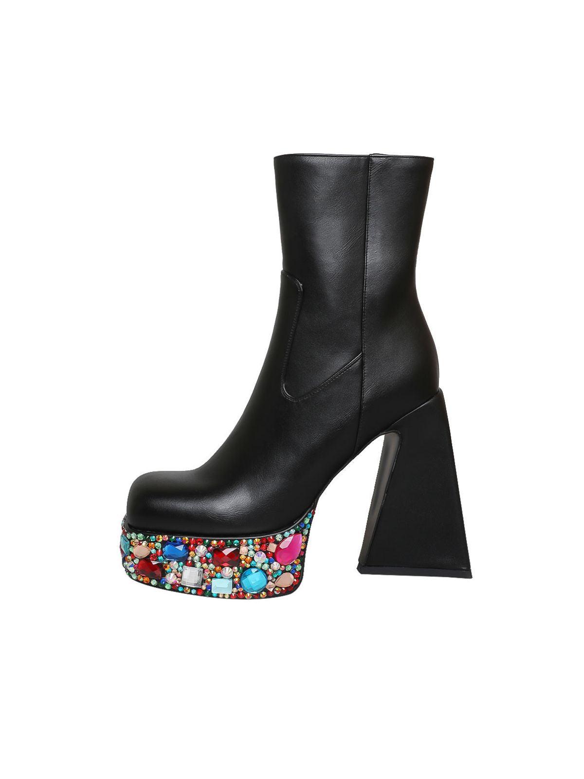 Cecile Multi Rhinestone Boots in Black featuring high block heel and platform style, perfect for glamorous occasions.