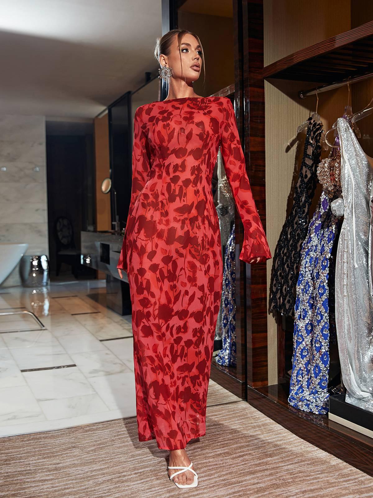 Model wearing the Cecily Long Sleeve Maxi Dress at a vacation setting, capturing the elegance and comfort of the outfit.