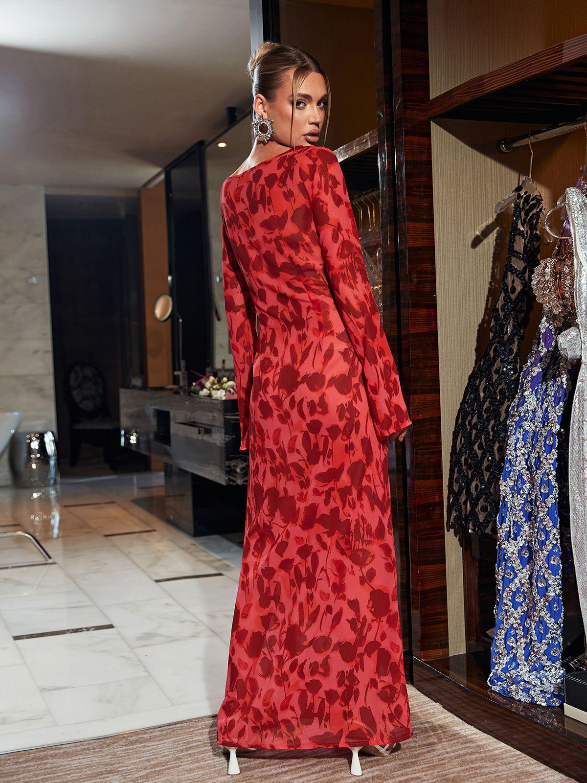 Cecily Long Sleeve Rose Printed Maxi Dress showcasing a floral design in red, perfect for elegant outings and comfortable fashion.