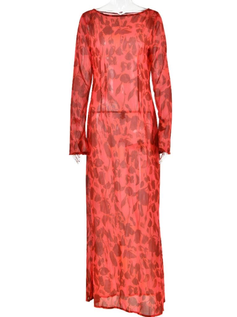 Cecily Long Sleeve Rose Printed Maxi Dress showcasing a floral design in red, perfect for elegant outings and comfortable fashion.