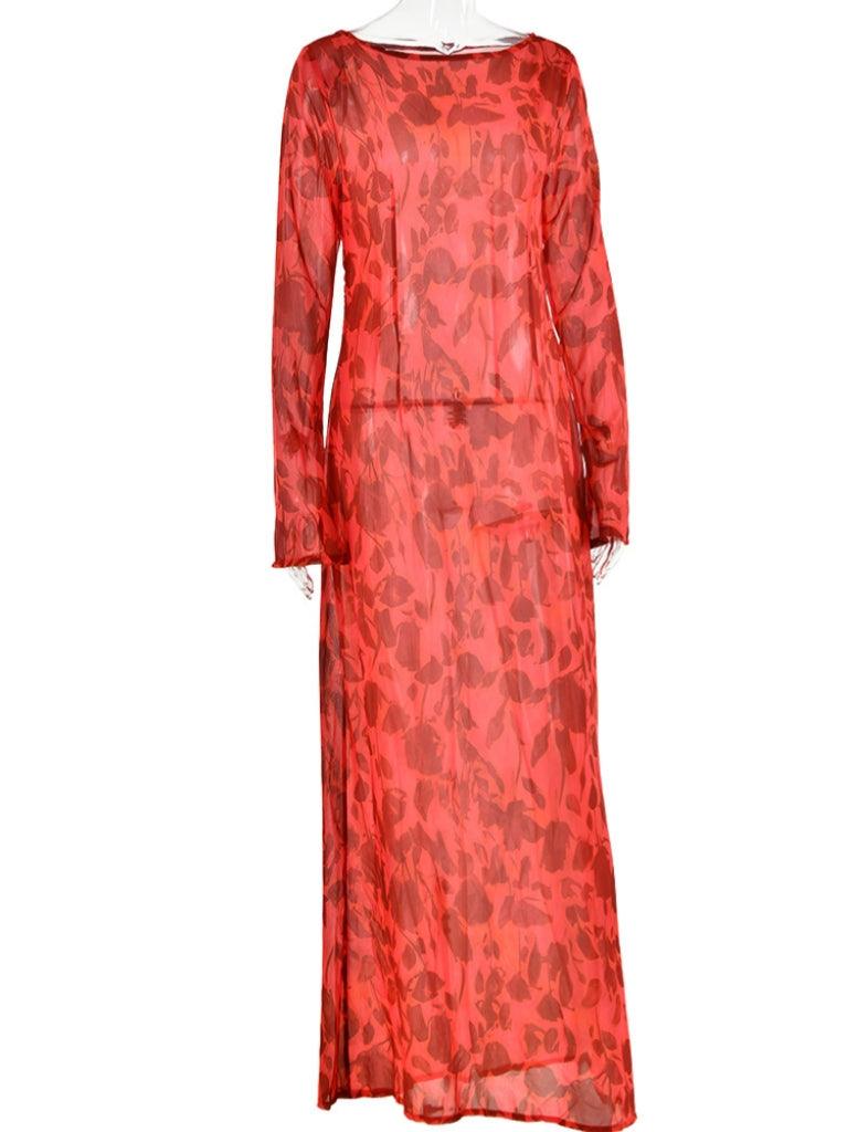 Cecily Long Sleeve Rose Printed Maxi Dress showcasing a floral design in red, perfect for elegant outings and comfortable fashion.