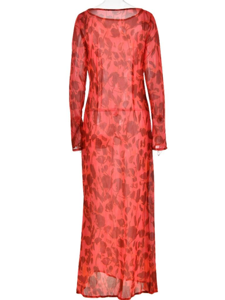 Cecily Long Sleeve Rose Printed Maxi Dress showcasing a floral design in red, perfect for elegant outings and comfortable fashion.