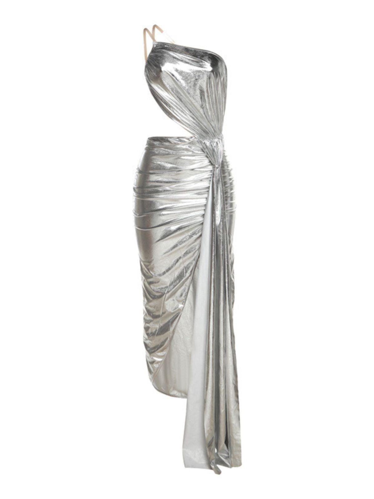 REIYA ONE SHOULDER BACKLESS MIDI COCKTAIL SILVER DRESS