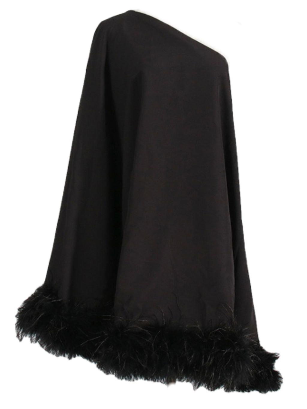 Ceridwen One Shoulder Feather Mini Dress in Black, featuring elegant feathers and a chic silhouette perfect for cocktail occasions.