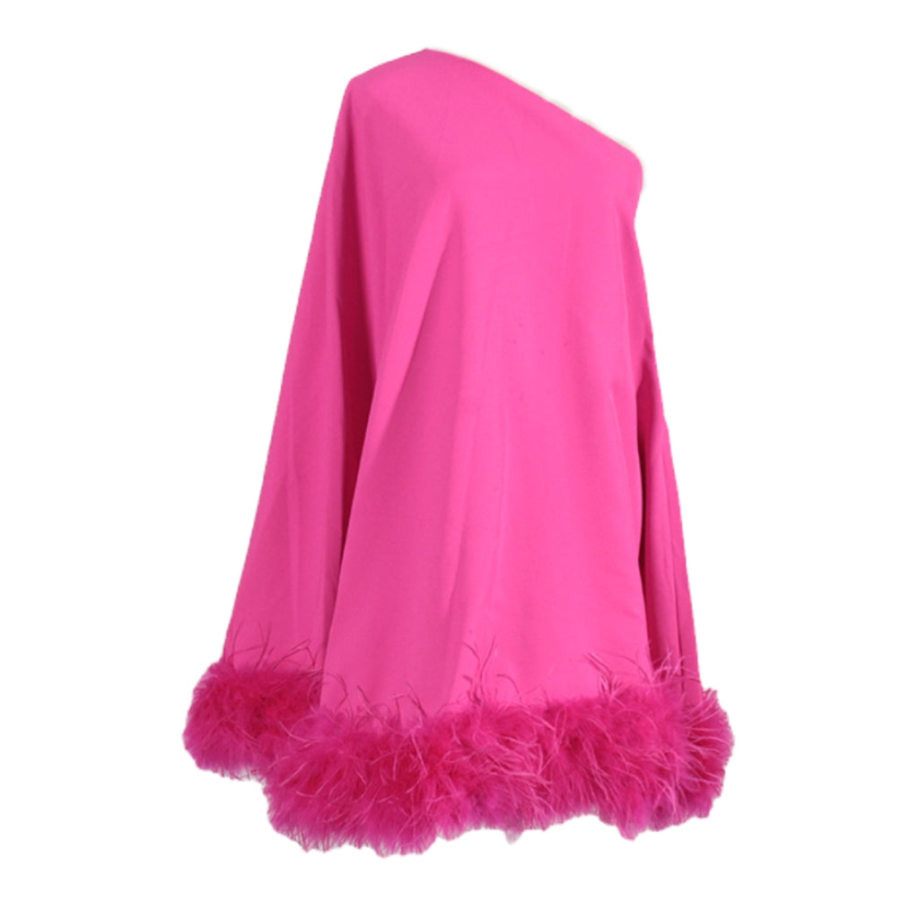 Ceridwen One Shoulder Feather Mini Dress in vibrant hot pink, featuring feather trim and a flattering fit.