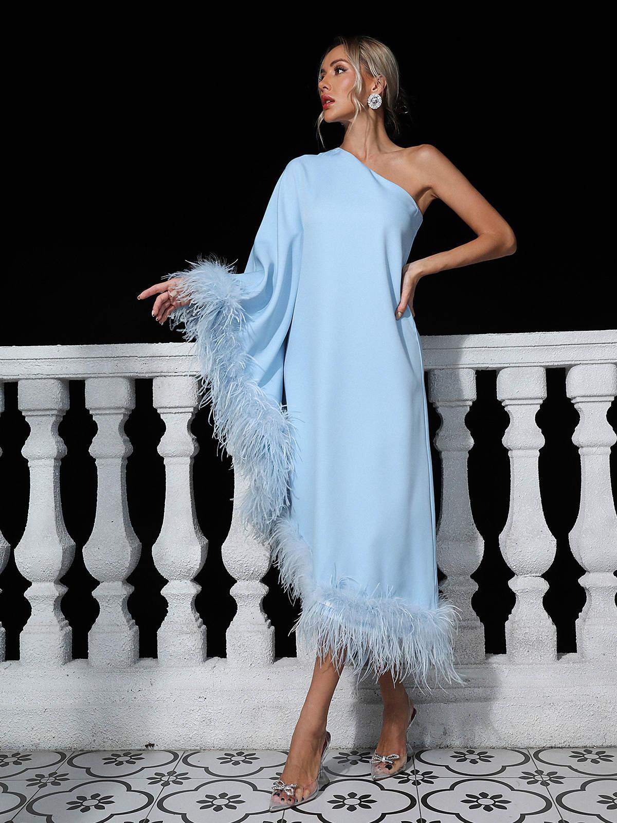 Ceridwen One Shoulder Feather Trimmed Midi Dress in Blue, featuring an elegant design with a feather trim and asymmetric hem.