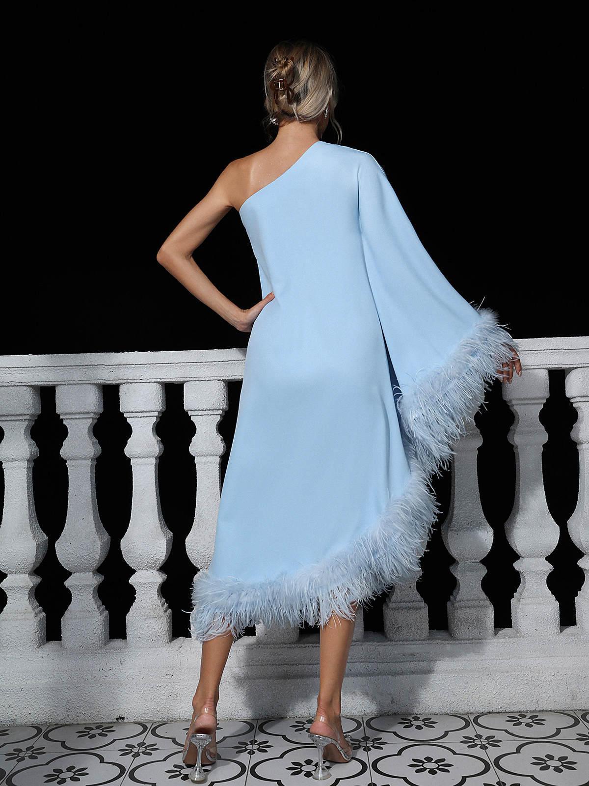 Ceridwen One Shoulder Feather Trimmed Midi Dress in Blue, featuring an elegant design with a feather trim and asymmetric hem.